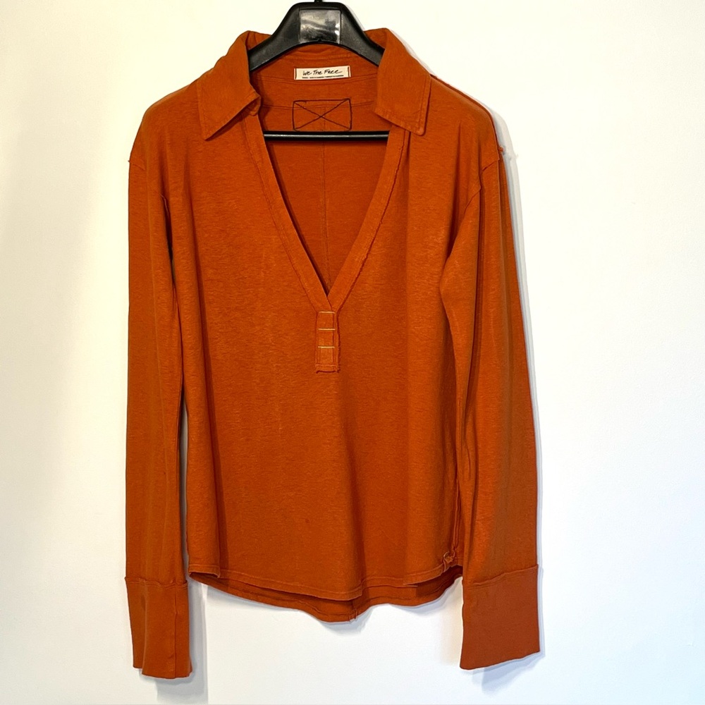 Free People We The Free Raina Johny Collar shirt deep v-neck exposed seams small - Picture 2 of 8